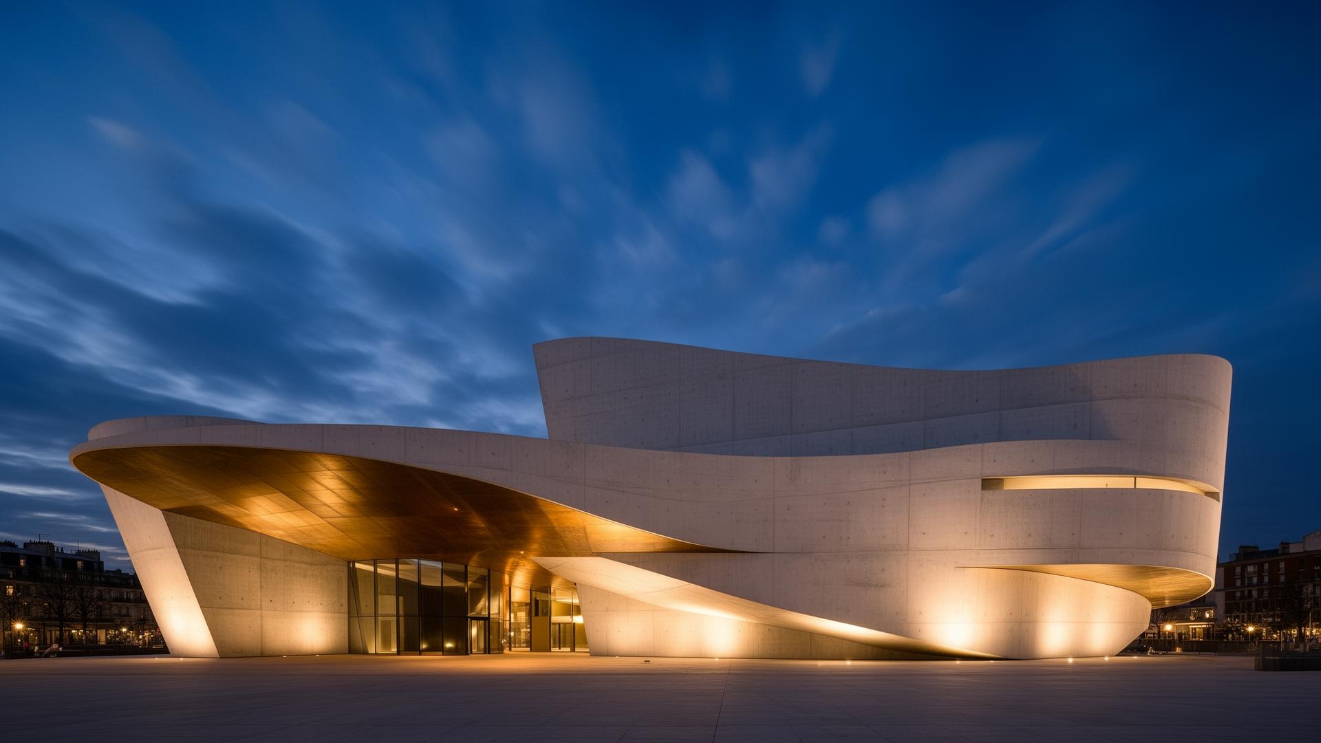 A sculptural cultural landmark at dusk